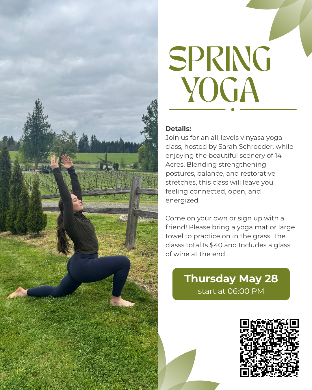 Spring Vinyasa at 14 Acres with Sarah Schroeder Thursday, May 28th | 6:00PM